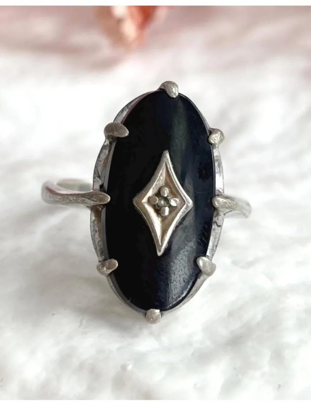 Art Deco Black Onyx Gemstone Oval Sterling Silver 925 Vintage Ring - sz 7